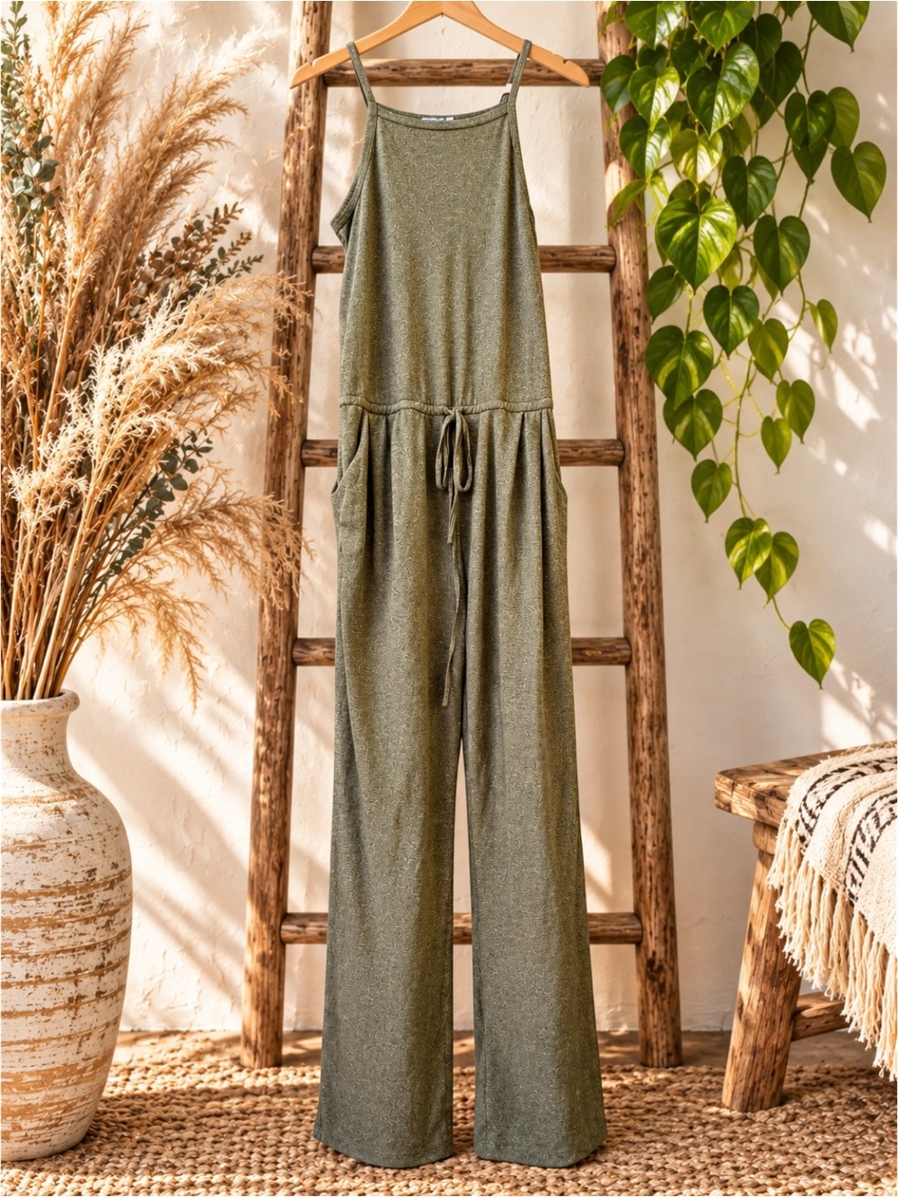 EARTHBOUND Heather Olive Green Bohemian Knit Jumpsuit. Size Medium.